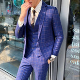 2023 New Men's checkered three piece suit double breasted slim fitting tuxedo suit jacket business wedding party jacket vest